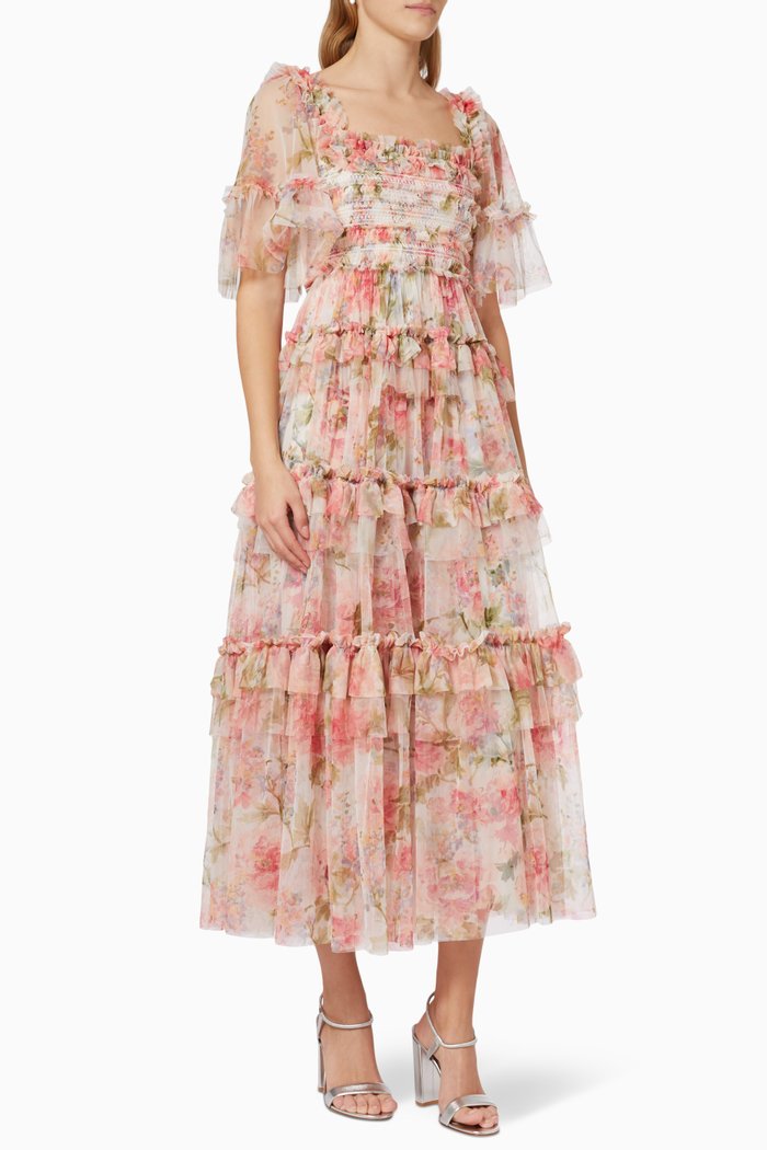 

Summer Song Peaches Smocked Ankle Gown in Tulle, Pink