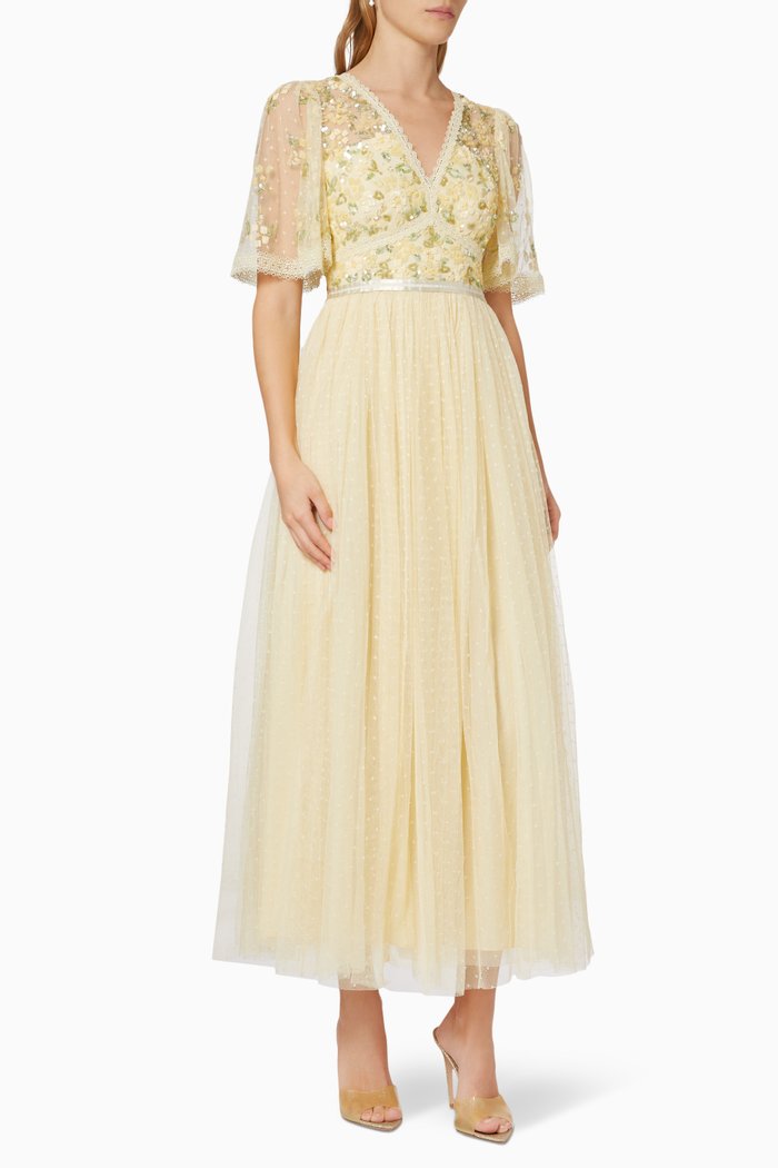 

Shimmer Primrose Bodice Ankle Gown in Tulle, Yellow