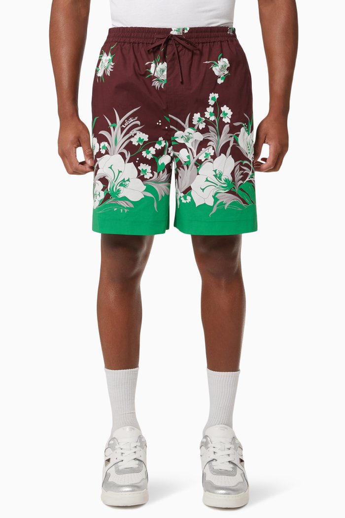 Floral Print Bermuda Shorts in Cotton Poplin, Brown