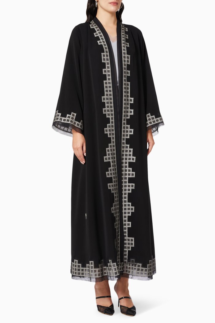 

Embroidered Collar Blocked Design Abaya, Black