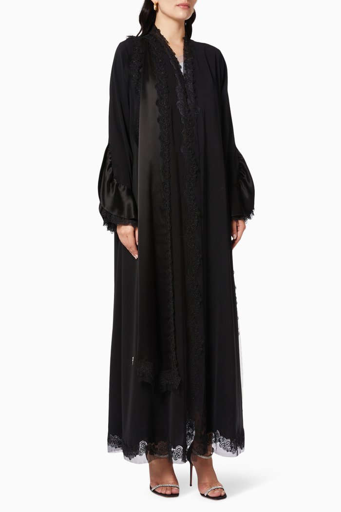 

Double Layered Sleeve Lace Abaya, Black