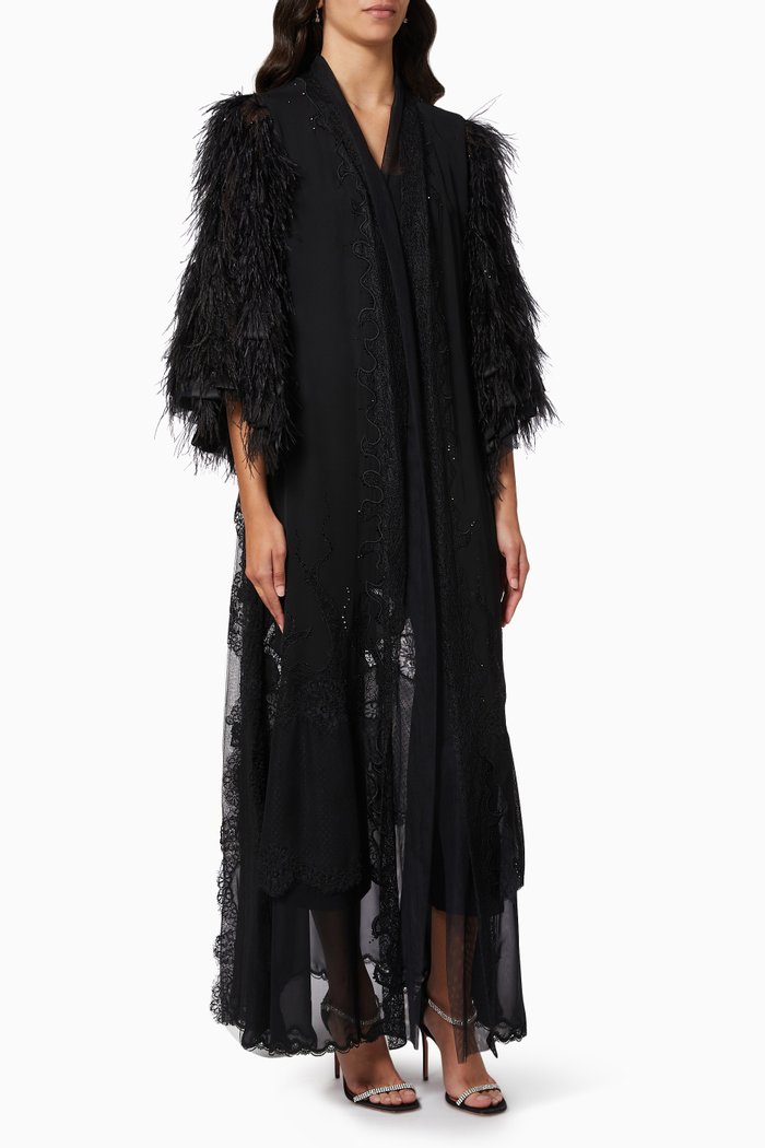 Feather Embroidered Abaya, Black