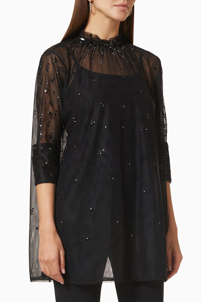 

Strass Sequin Blouse in Tulle Mesh, Black