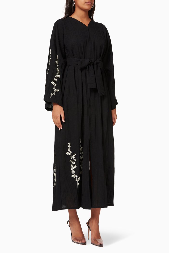 Pearl Embellished Belted Abaya, Black