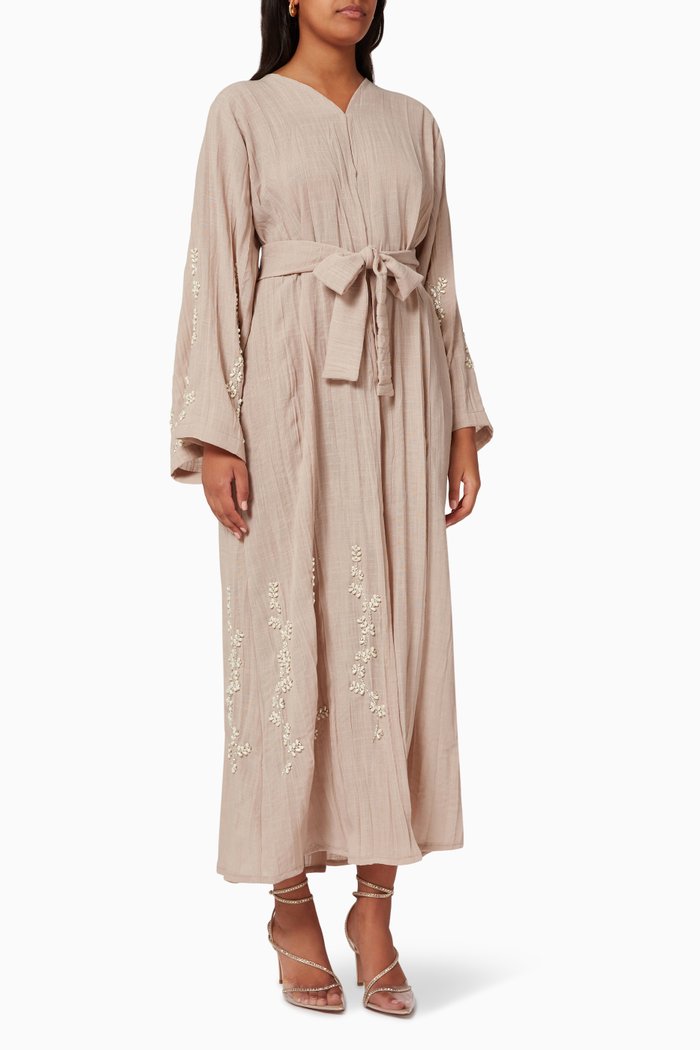 

Pearl Embellished Belted Abaya, Neutral