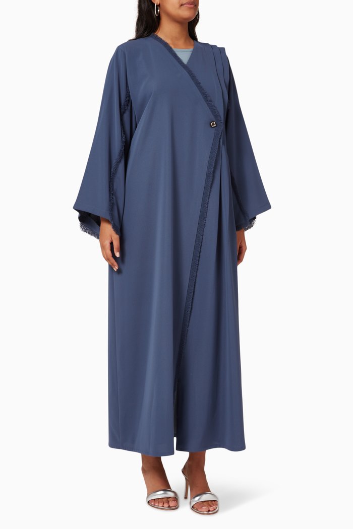

Fringe Trim Long Sleeve Abaya, Blue