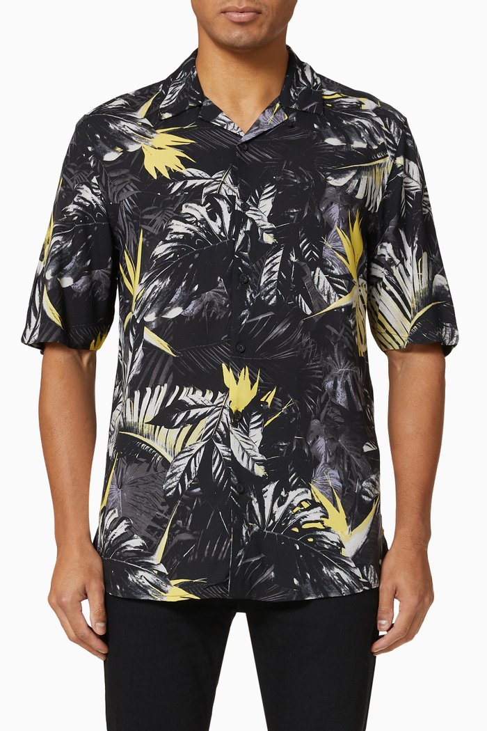 Darren Tropical Pattern Shirt in Viscose, Black