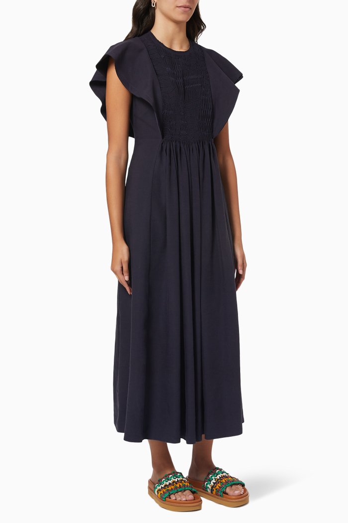 

Gathered Dress in Wool Gauze, Blue