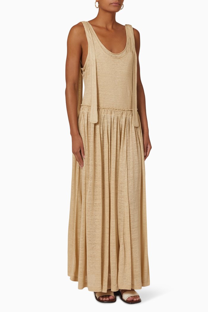 

Pleated Maxi Dress in Linen Jersey, Pink