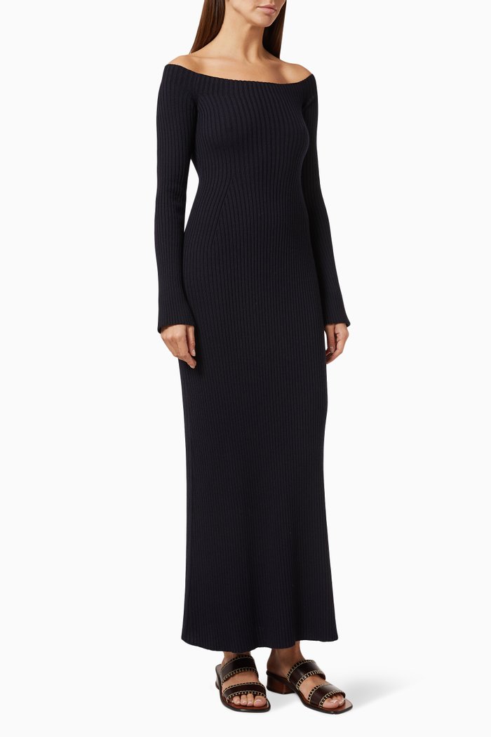 Off-the-shoulder Fitted Dress in Wool & Cashmere Rib-knit, Black