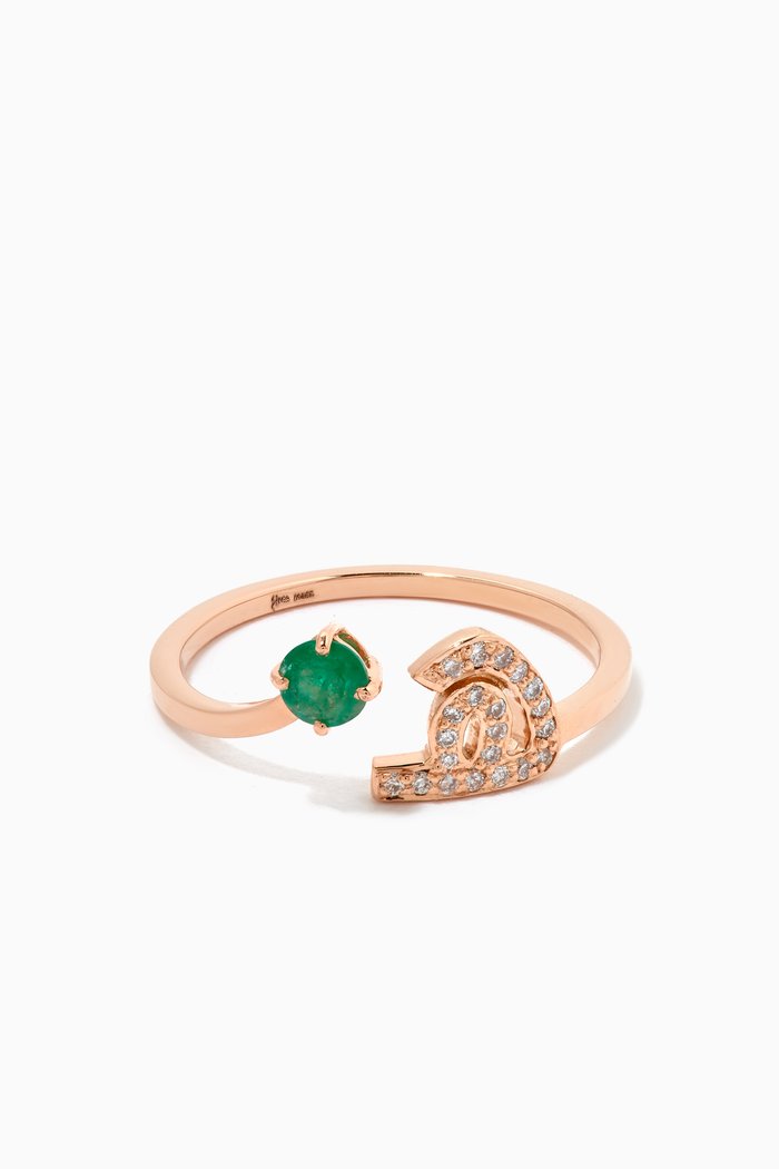 

Glam Your Initial Letter "Ha" Emerald & Diamonds Ring in 18kt Rose Gold