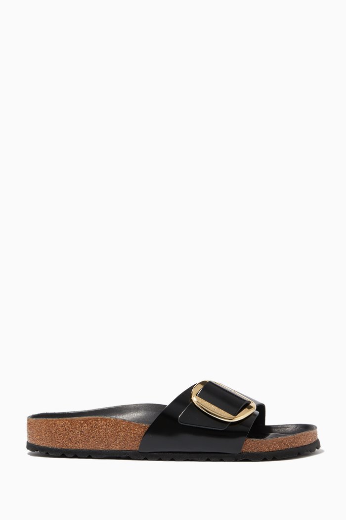 Madrid Big Buckle Sandals in Patent Leather, Black