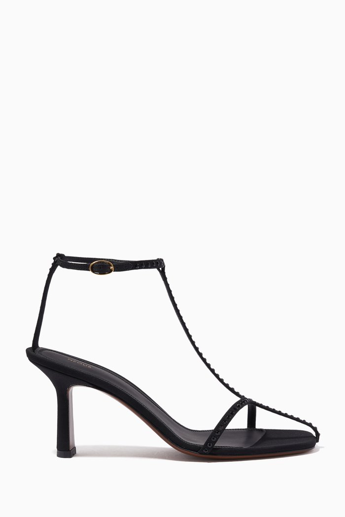 

Jumel Crystal T-bar Sandals in Silk & Leather, Black