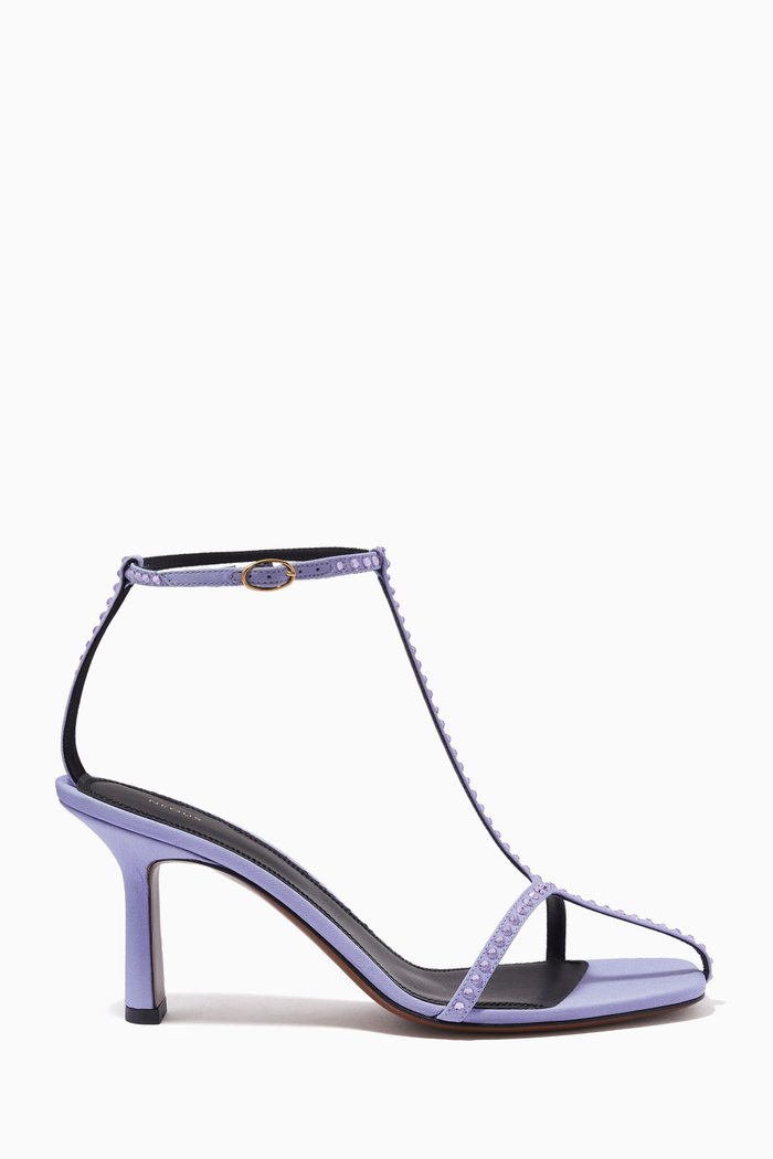 

Jumel Crystal T-bar Sandals in Silk & Leather, Purple