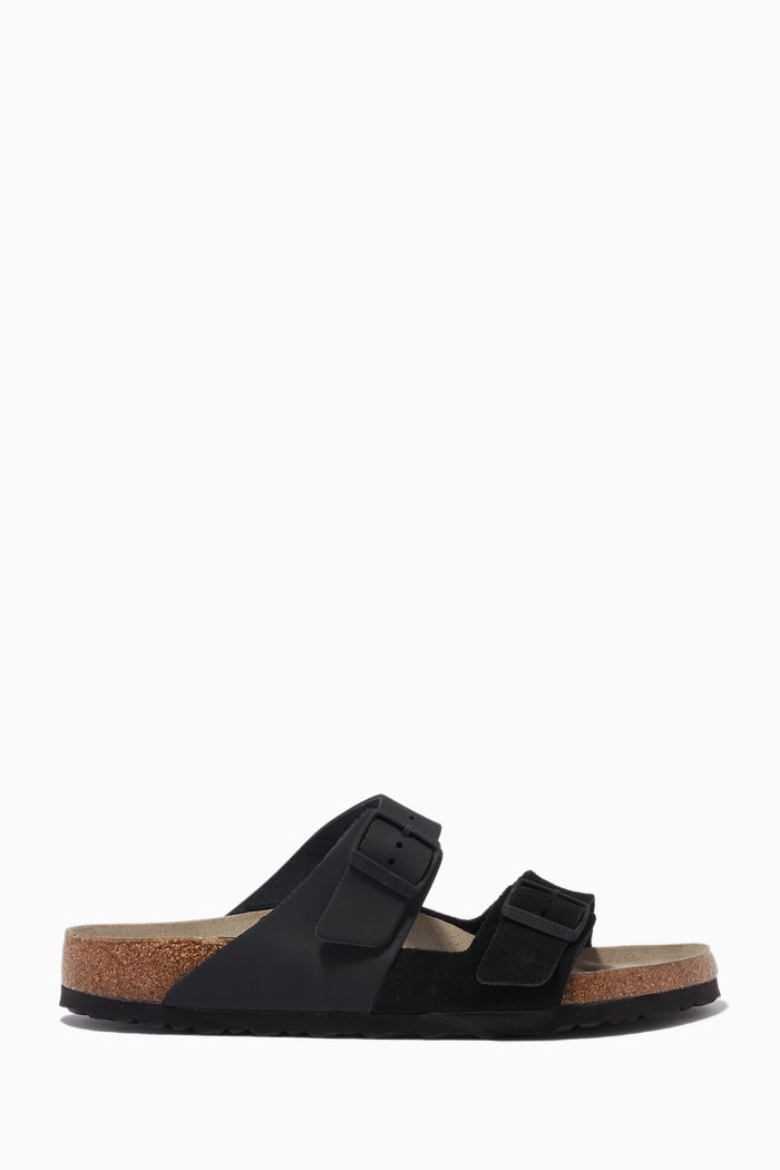 

Arizona Split Strap Sandals in Leather & Suede, Black