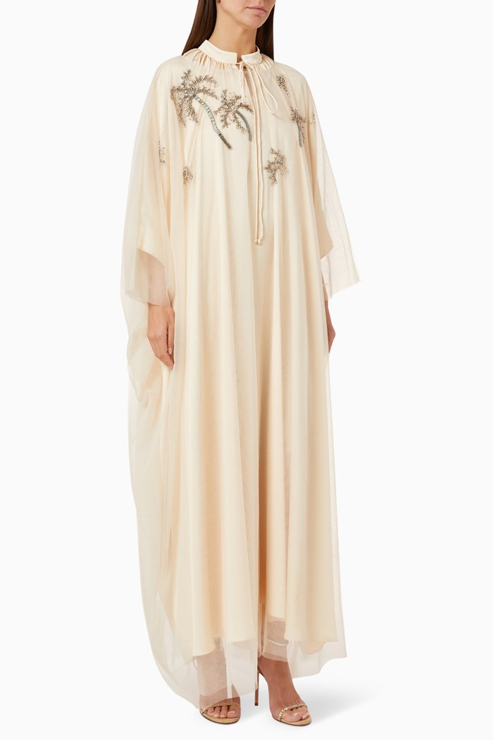 Palm Tree Embroidered Dress in Tulle, White