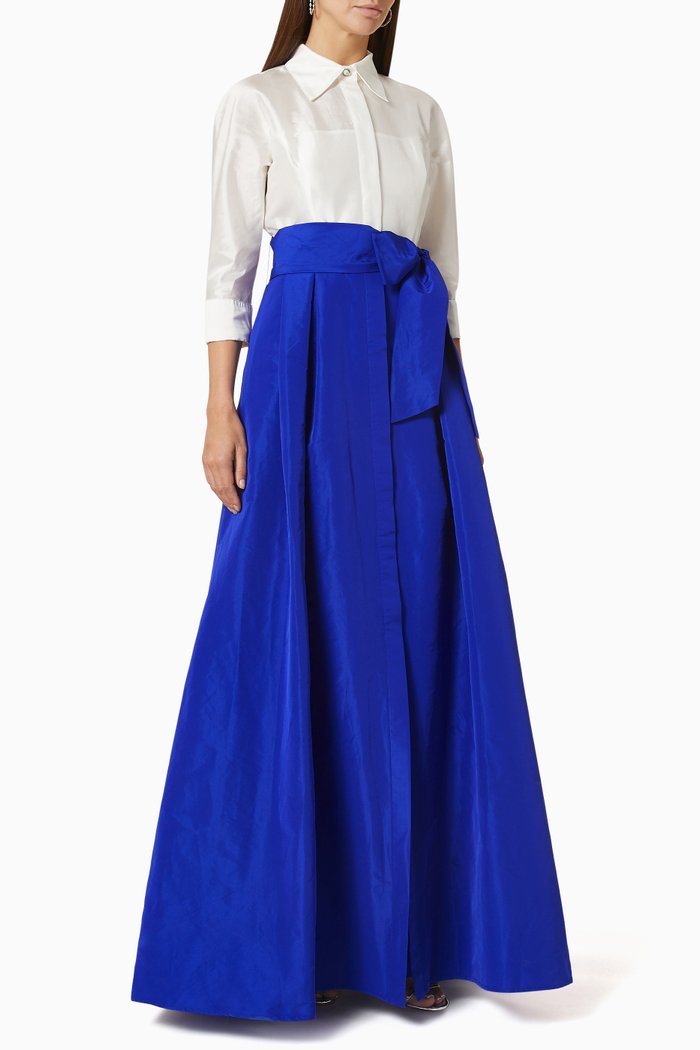 

Belted Shirt Gown in Tafetta, Blue