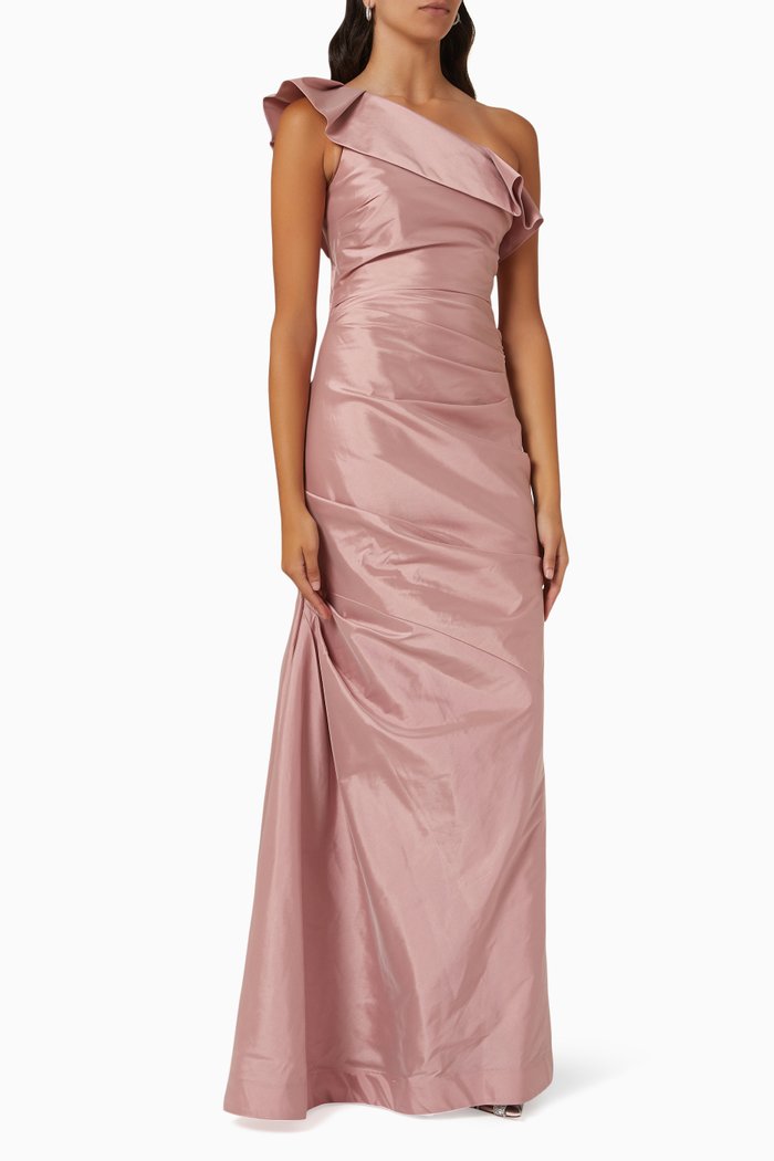 

One Shoulder Pleat Draped Gown in Stretch Taffeta, Pink