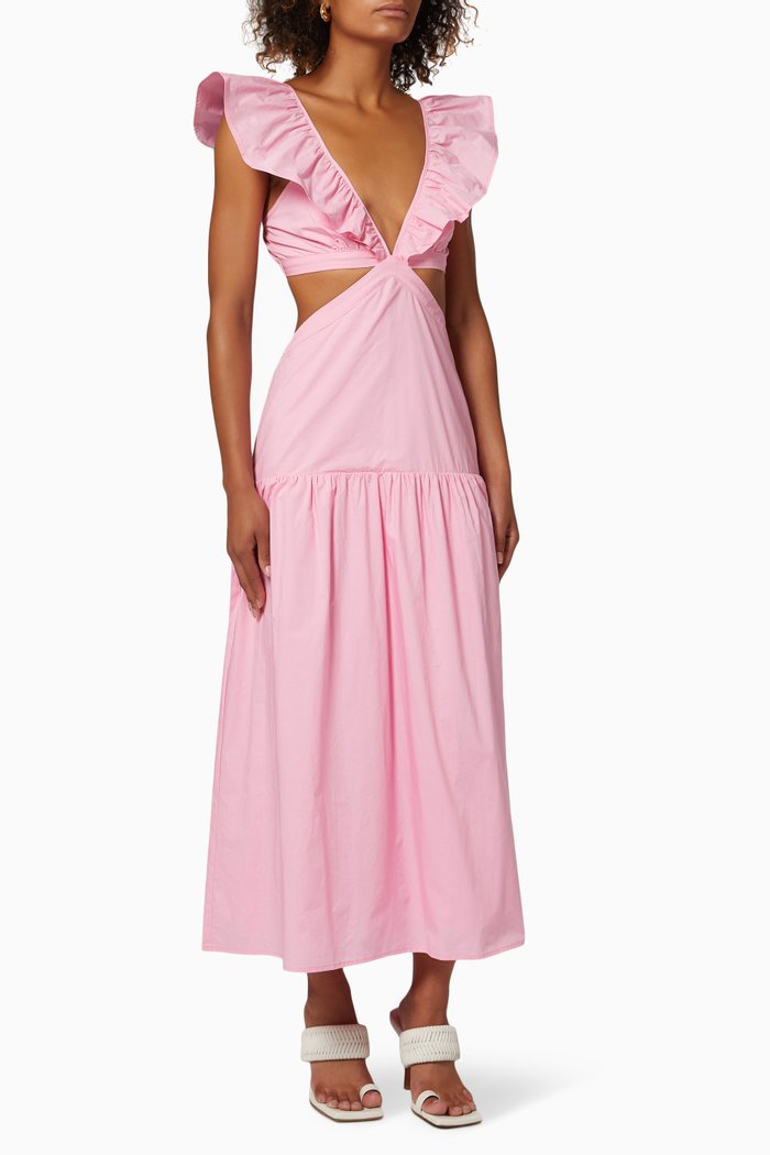 Rosanna Cut Out Ruffle Maxi Dress in Cotton, Pink