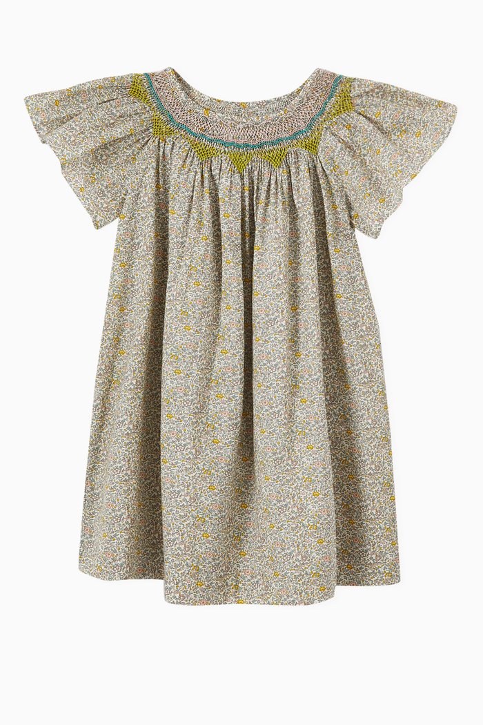 Smocked Dress in Cotton, Neutral