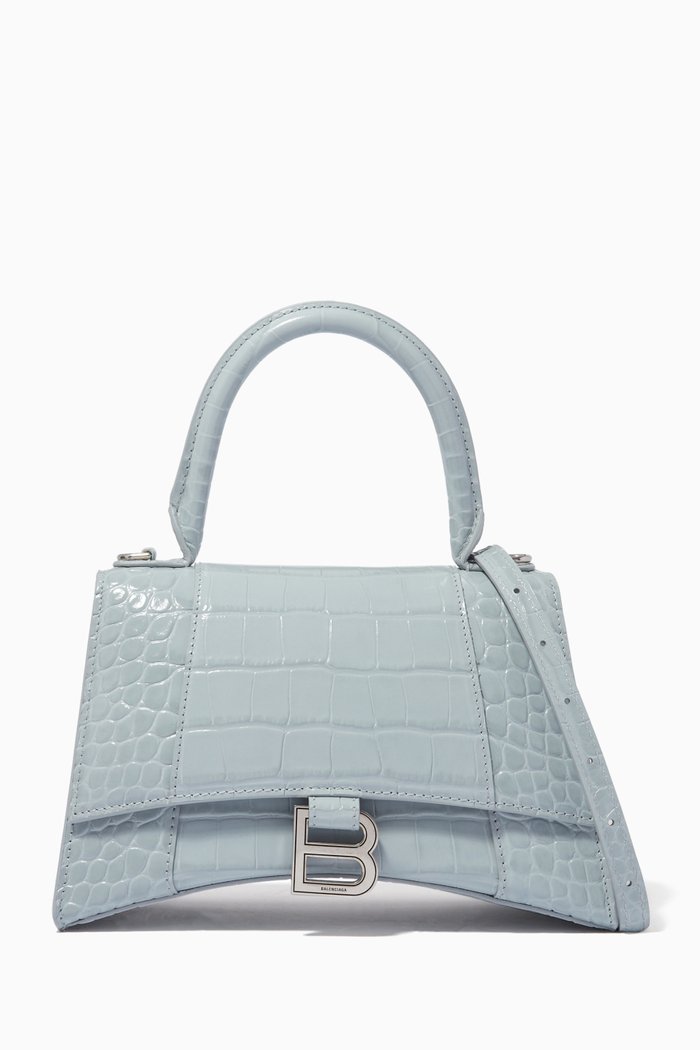 Hourglass Small Top Handle Bag in Shiny Croc-embossed Calfskin, Blue