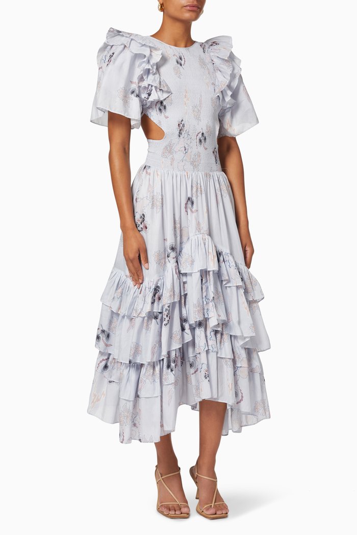 

Fia Ruffle Dress in Cotton Silk Dobby, Blue
