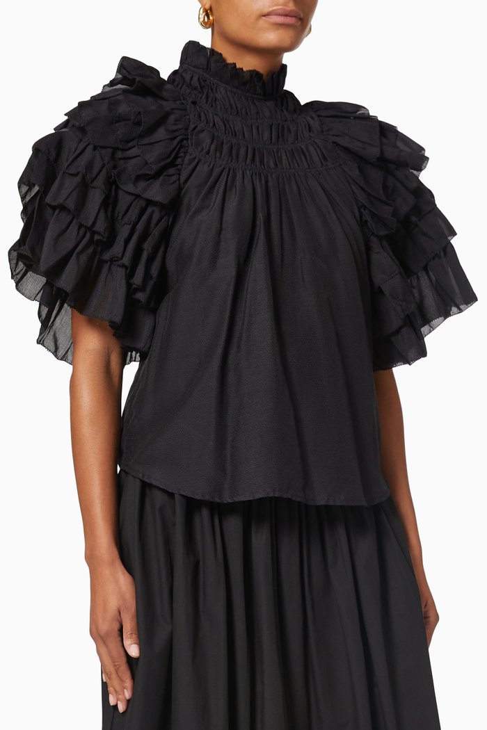 Adrienne Top in Cotton Silk Dobby, Black