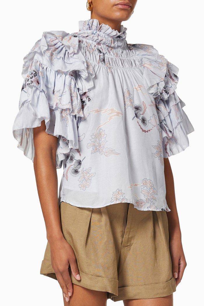 Adrienne Top in Cotton Silk Dobby, Blue