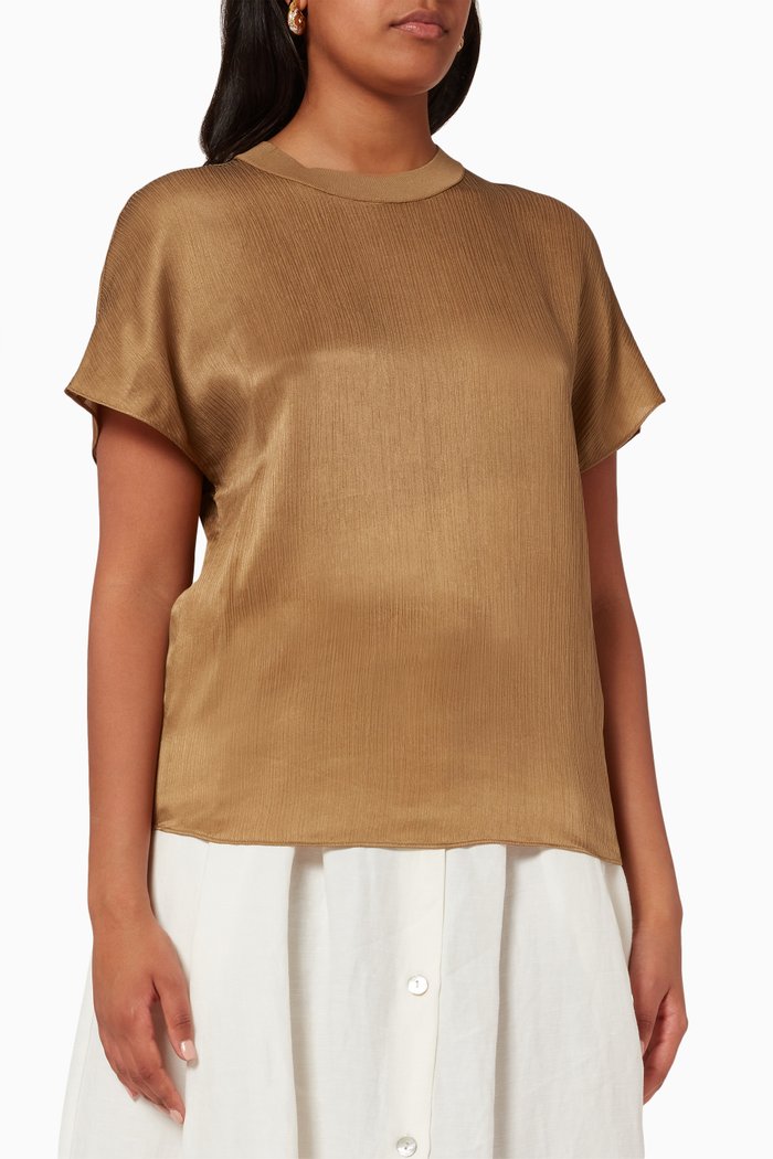 

Rib Trim Flutter Sleeve Shell Blouse, Brown