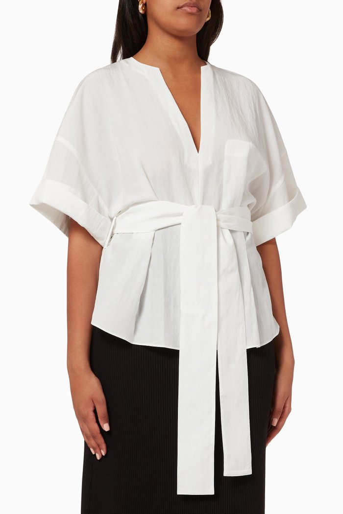 

Cuffed Short Sleeve V-Neck Blouse, Neutral