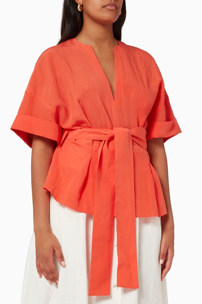 

Cuffed Short Sleeve V-Neck Blouse, Red