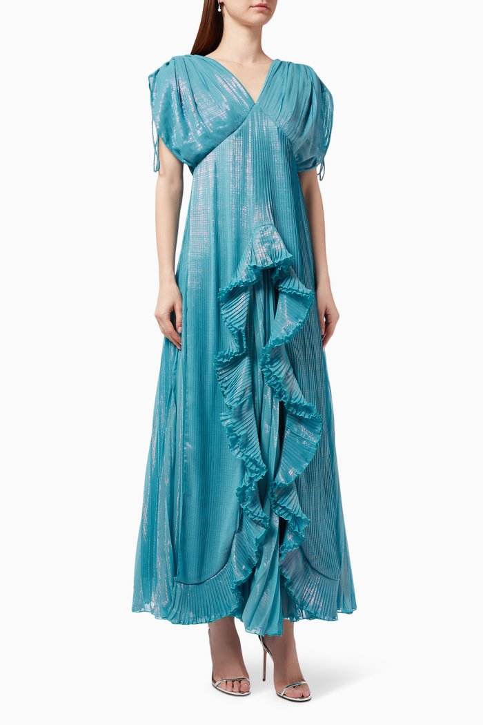 

Pleated Ruffle Layer Gown, Blue