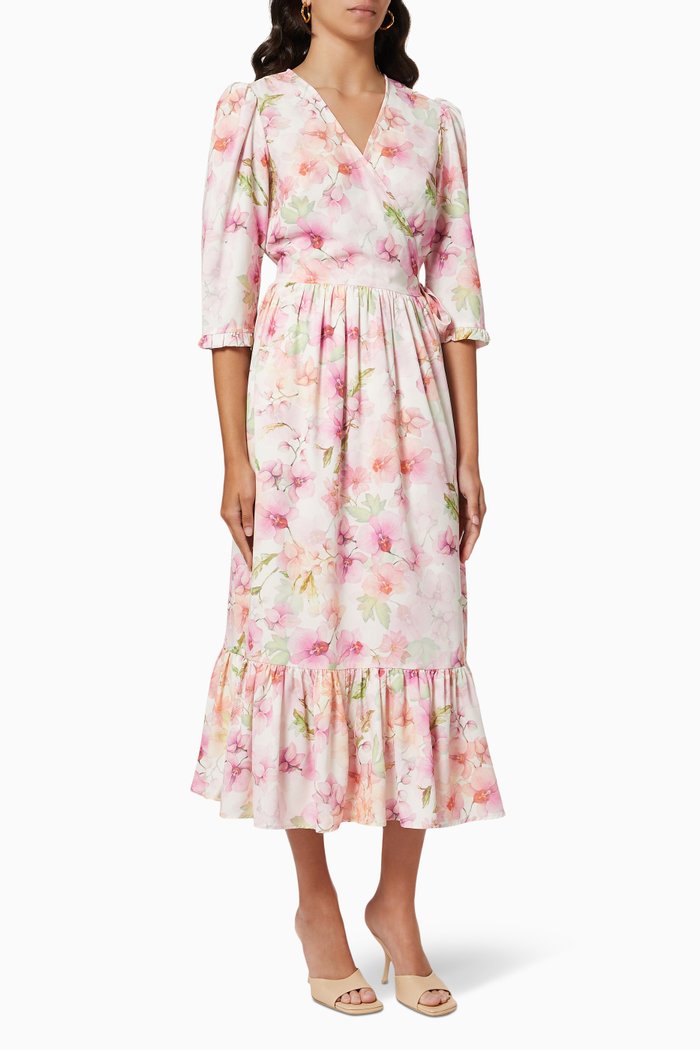 

Floral Print Wrap Dress in Recycled Polyester, Pink