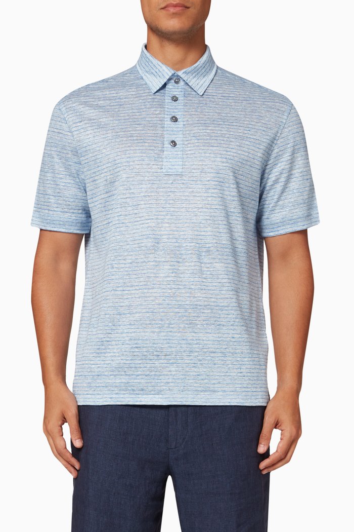 

Striped Polo Shirt in Linen, Blue