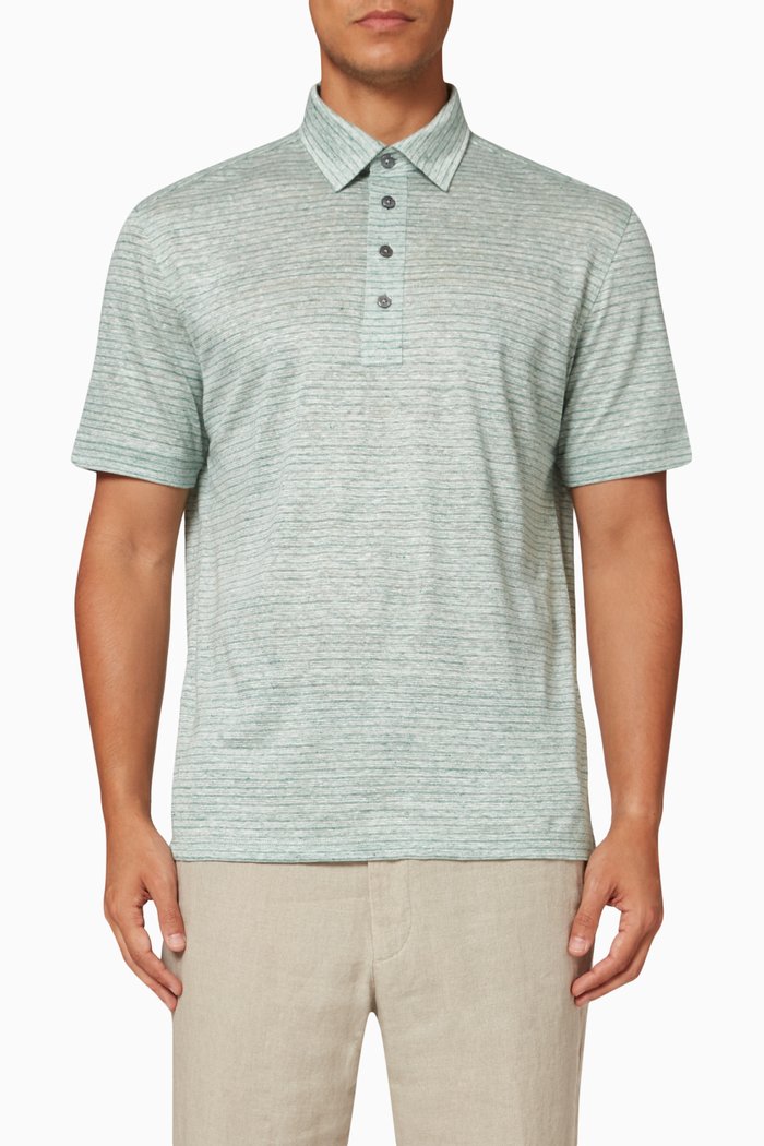 

Striped Polo Shirt in Linen, Green