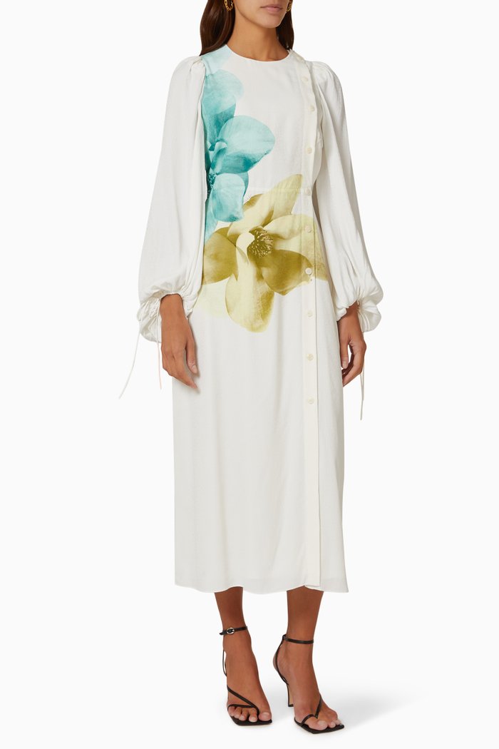 Jordis Floral Button Midi Dress in Viscose, White