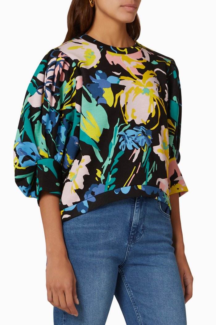 

Ragnila Floral Puff Sleeve Sweatshirt in Viscose Blend, Black
