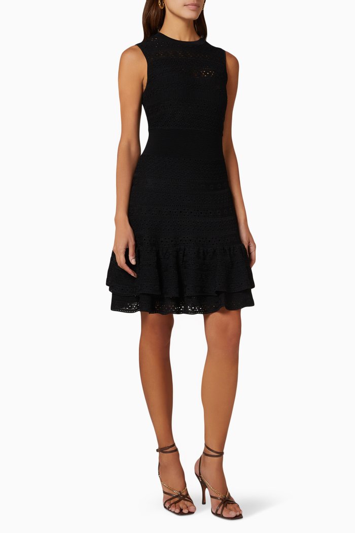 Lace Stitch Mini Dress in Viscose Blend, Black