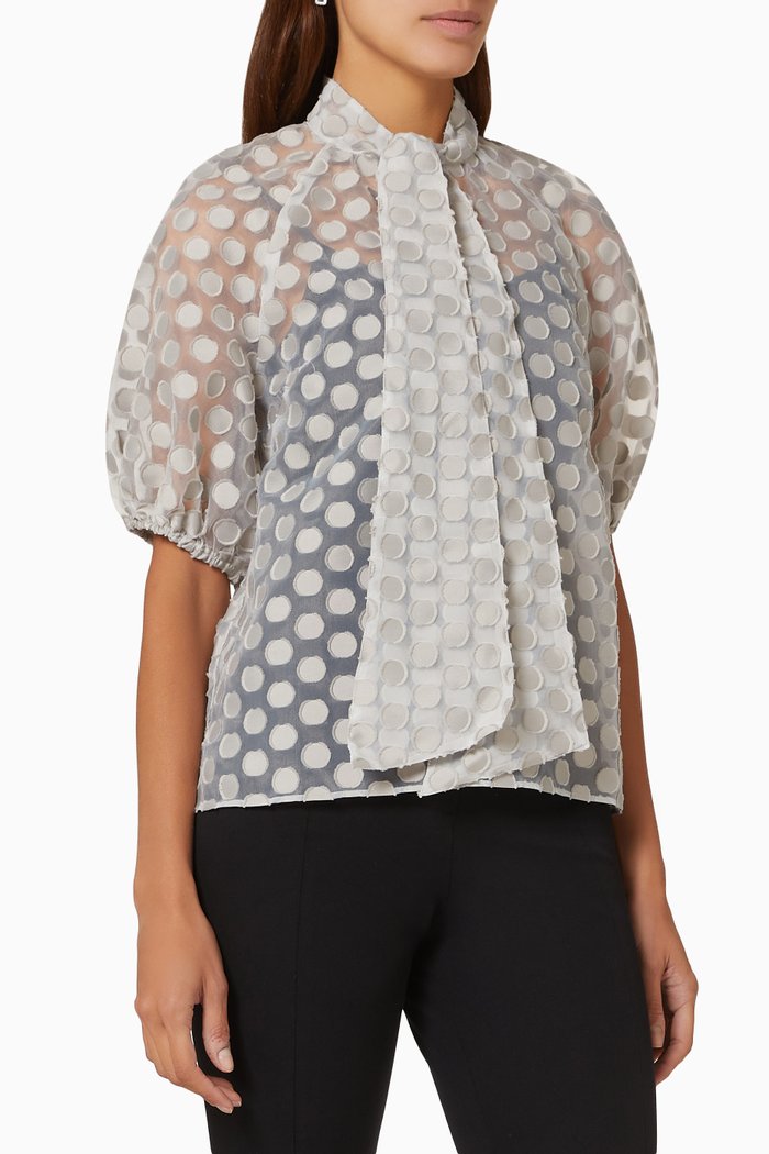 

Polka Dot Bow Tie Blouse in Organza, White