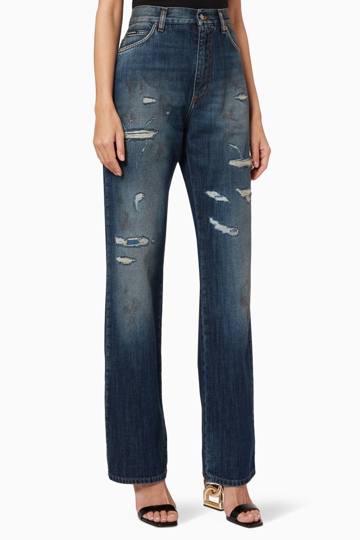 

Ripped Flared Jeans in Denim, Blue