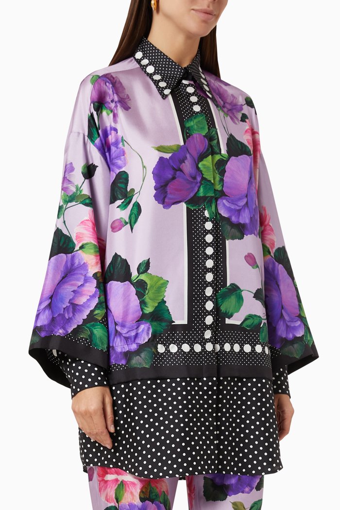 

Rose-print Double Sleeves Shirt in Silk Twill, Purple