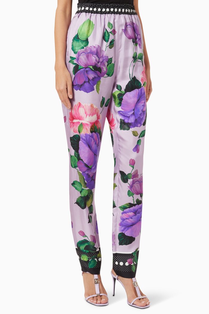 

Rose-print Pants in Silk Twill, Purple