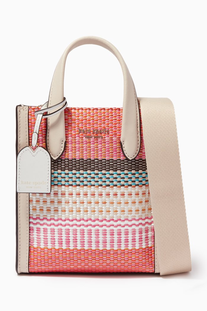 

Manhattan Mini Tote Bag in Woven Straw, Pink