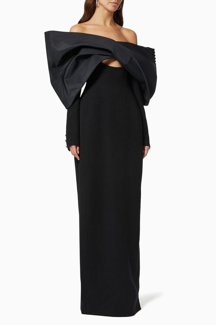 Macro Bow Off Shoulder Gown in Taffeta, Black