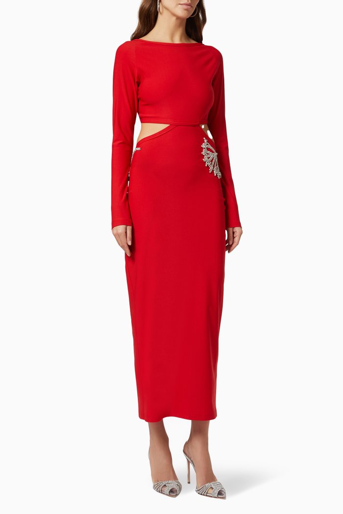 Crystal Embellished Midi Dress in Jersey, Red