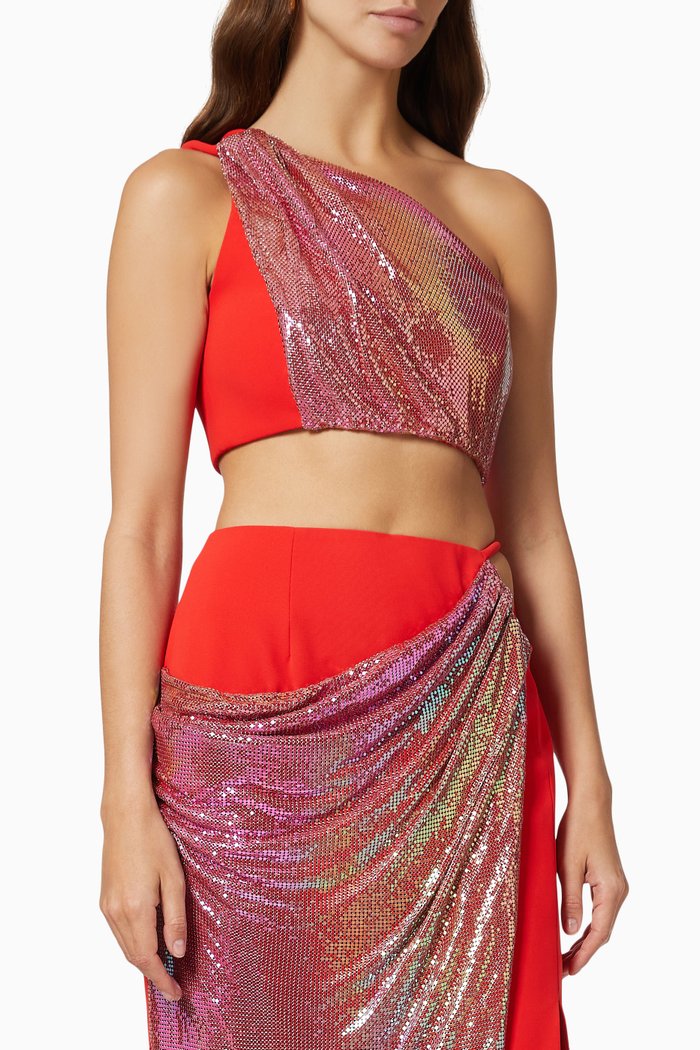 

Draped Chain Mail Crop Top in Crepe, Red