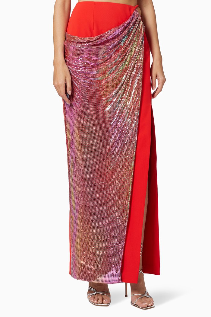 Drape Chain Mail Skirt in Crepe, Red