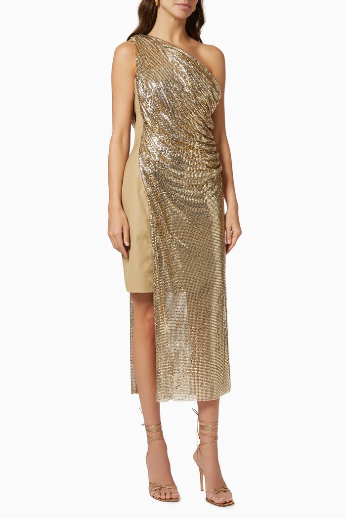 

Draped Chain Mail Dress in Gabardine, Brown