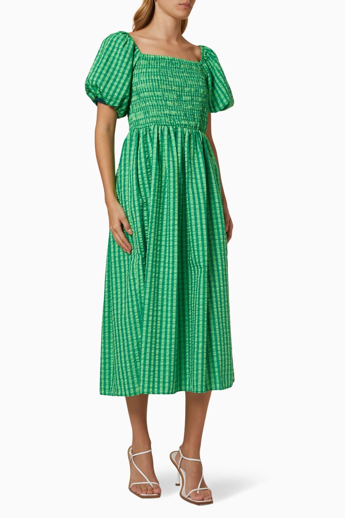 

Gingham Shirred Dress, Green