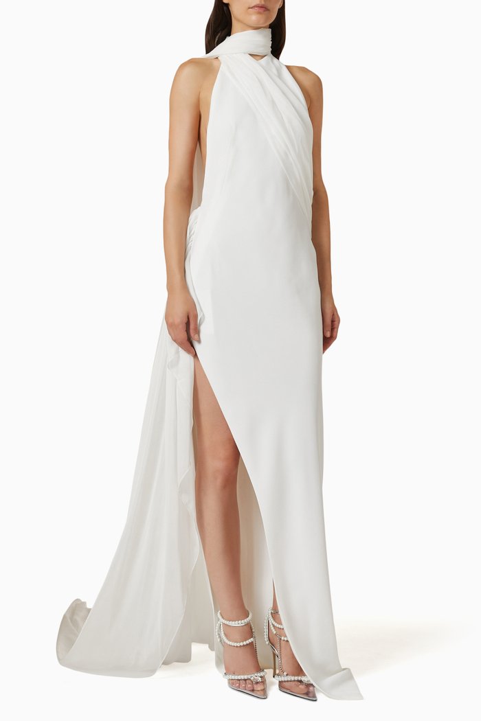 

Chiffon Drape Halter Dress in Crepe, White